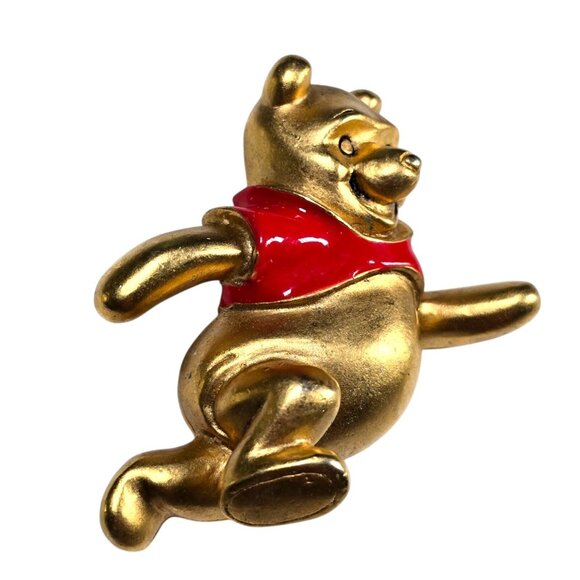 Vintage Disney Winnie the Pooh Brooch Pin Gold Red Enamel Running Bear 1990s - Picture 4 of 9